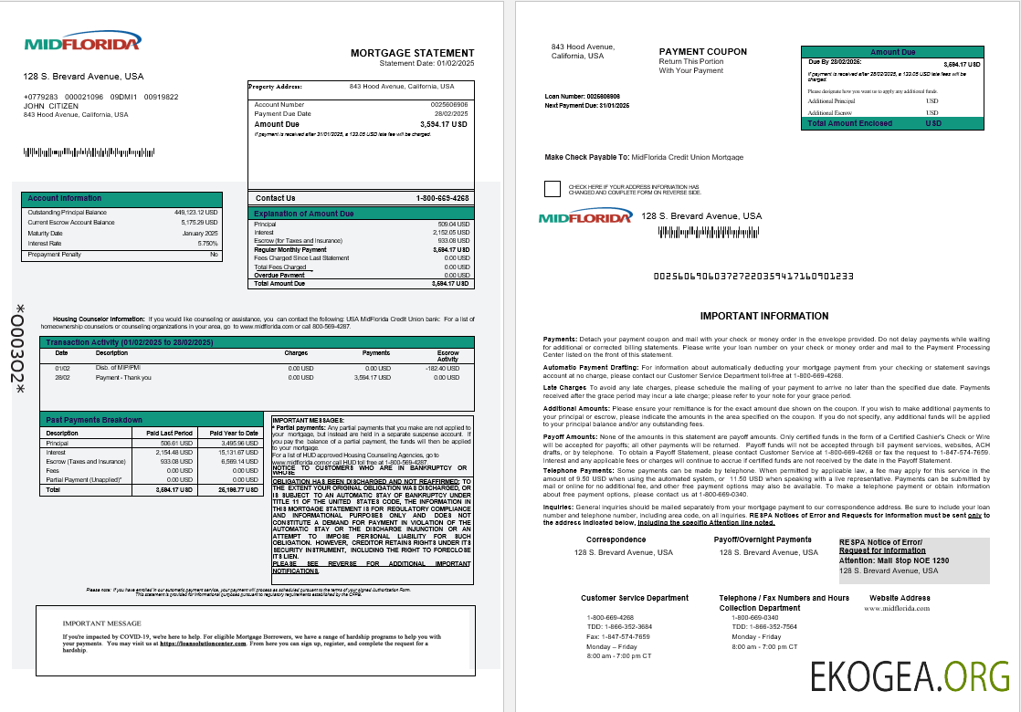 Relevé hypothécaire de la banque USA MidFlorida Credit Union aux formats Word et PDF 1 , 2